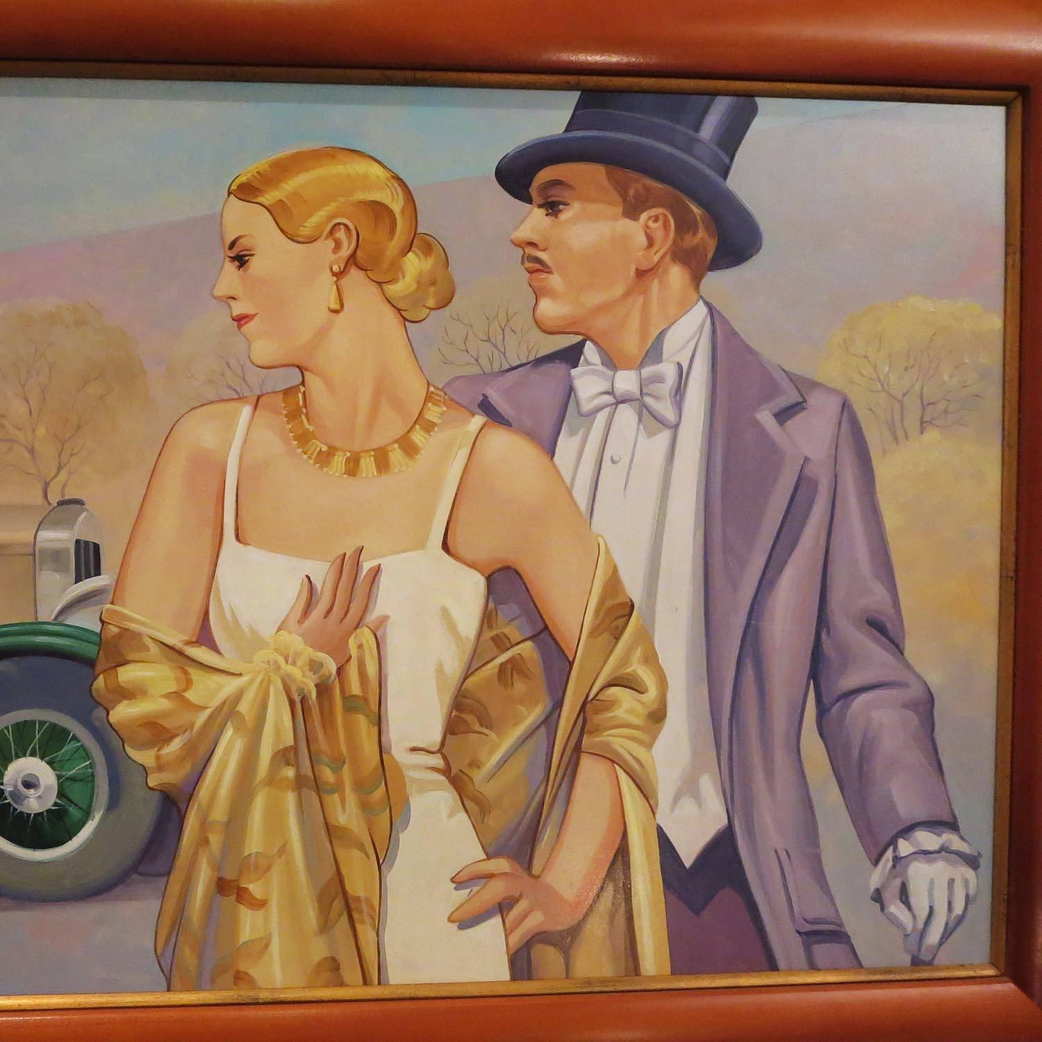 This great painting was commissioned as part of a series of Art Deco inspired transportation themed works. They were created for the executive offices of Bob's Big Boy restaurants in the 1970s. The work, executed in oil on board, is in the style of