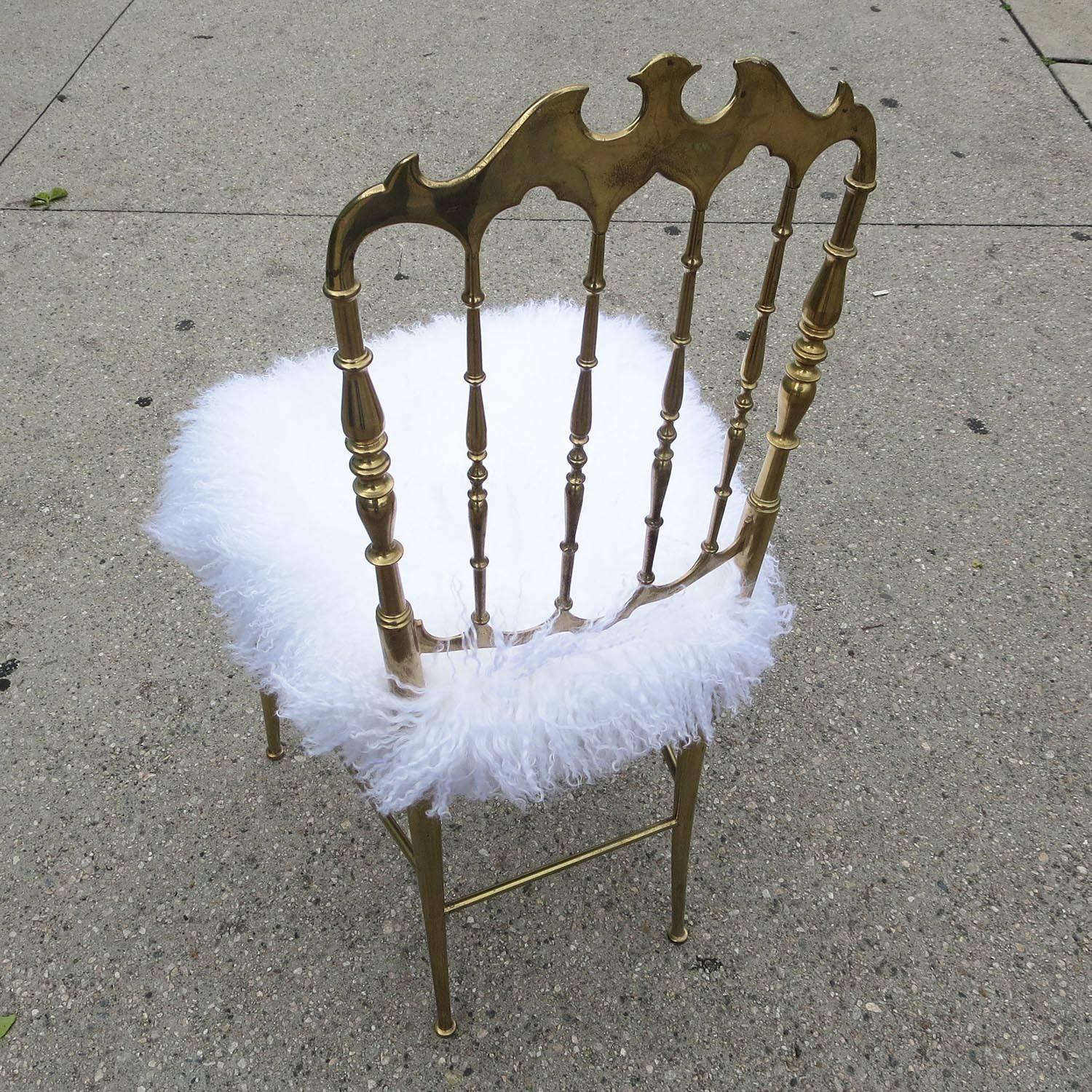 Mid-Century Modern Chiavari Solid Brass Boudoir Chair in Silky Fur