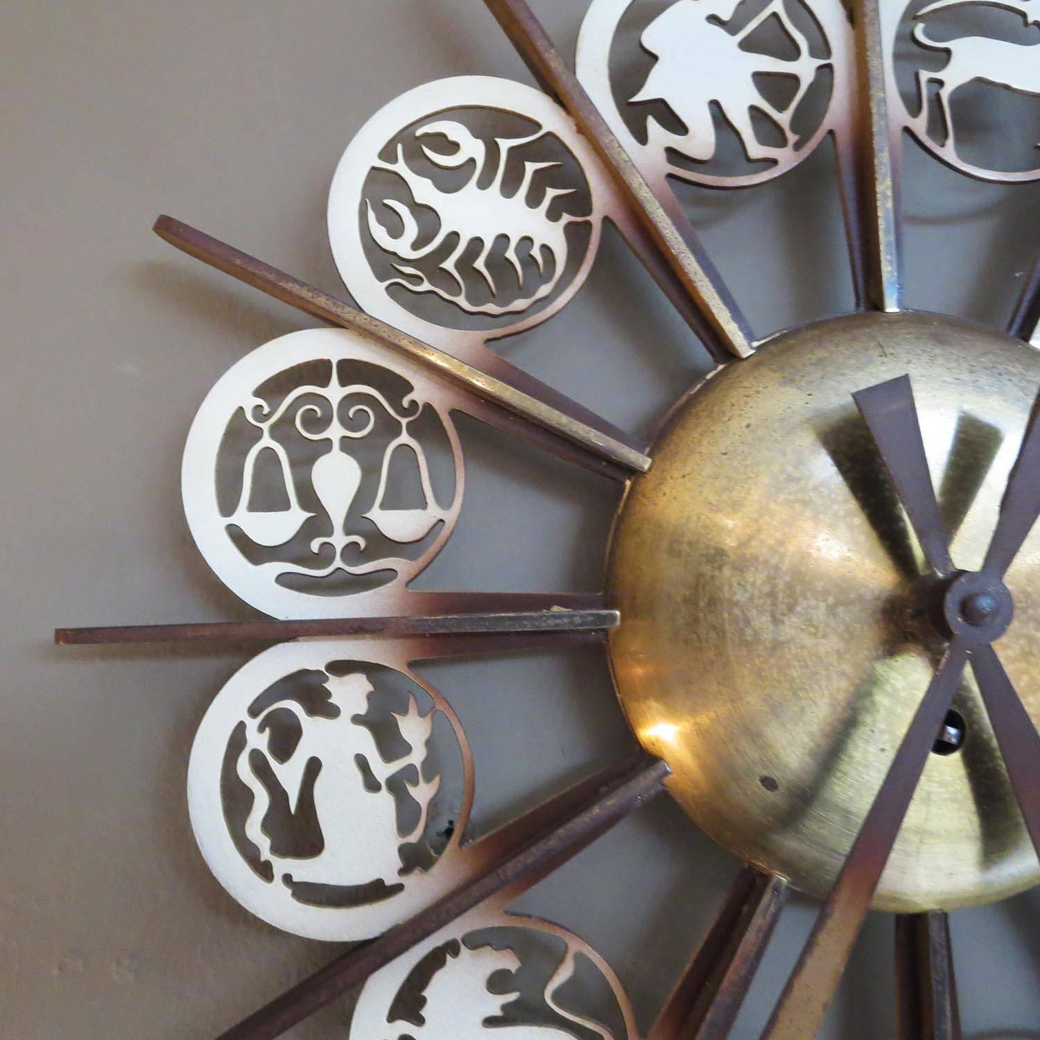 Painted Bronze Mid-Century German Zodiac Themed Wall Clock For Sale