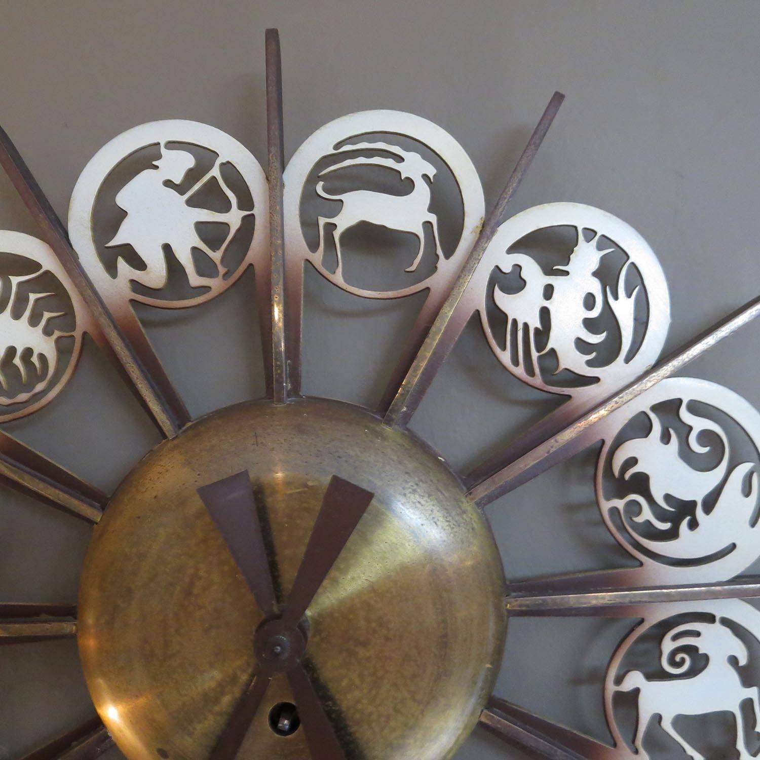 Bronze Mid-Century German Zodiac Themed Wall Clock In Good Condition For Sale In North Hollywood, CA