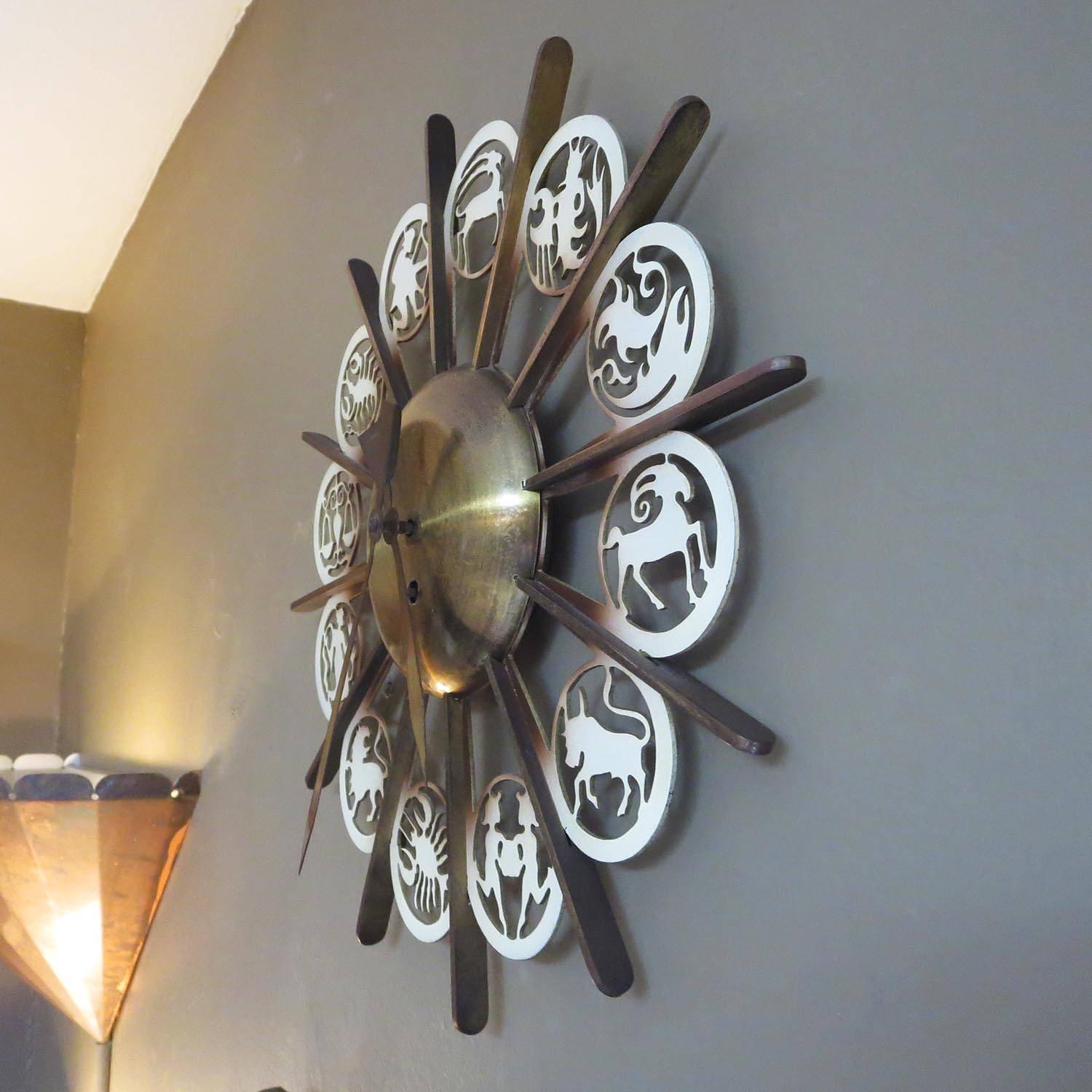 Brass Bronze Mid-Century German Zodiac Themed Wall Clock For Sale
