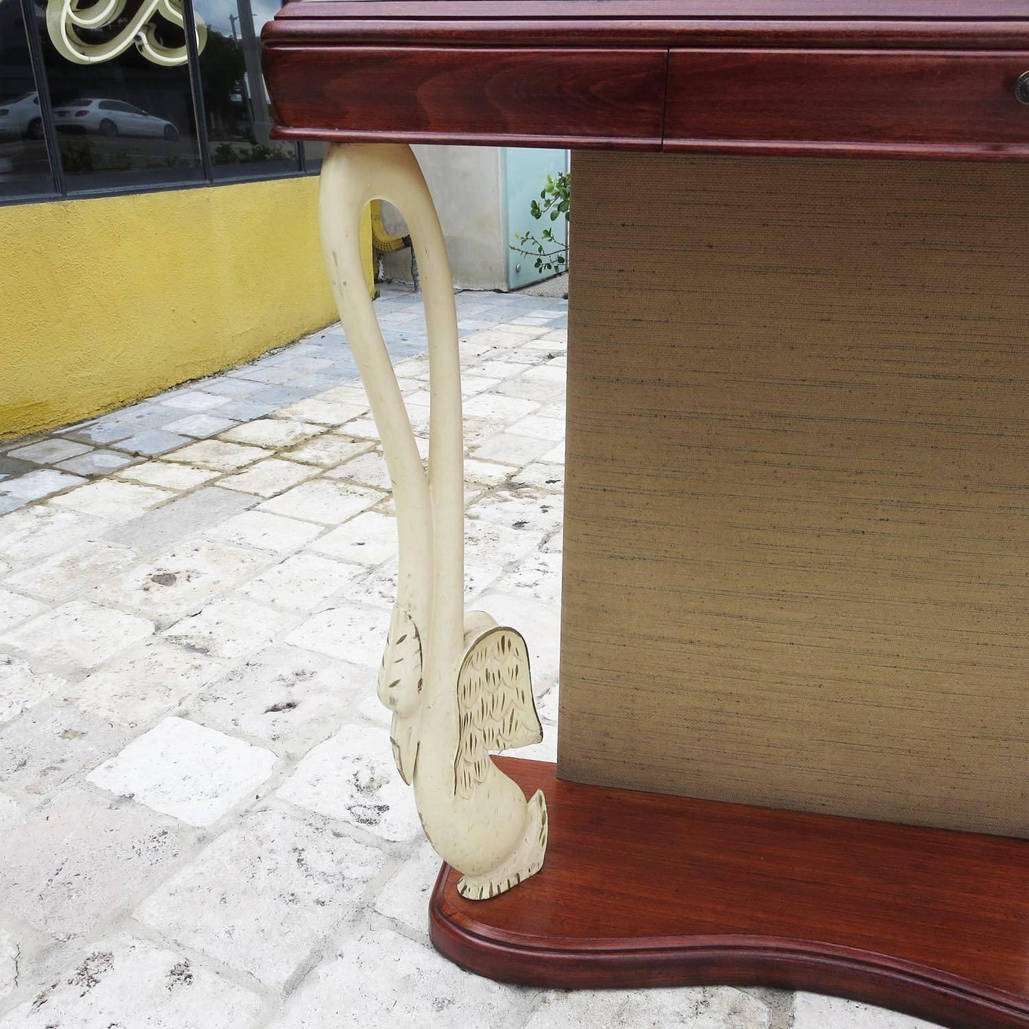 Glass Italian Art Deco Console Table with Carved Painted Swan Legs