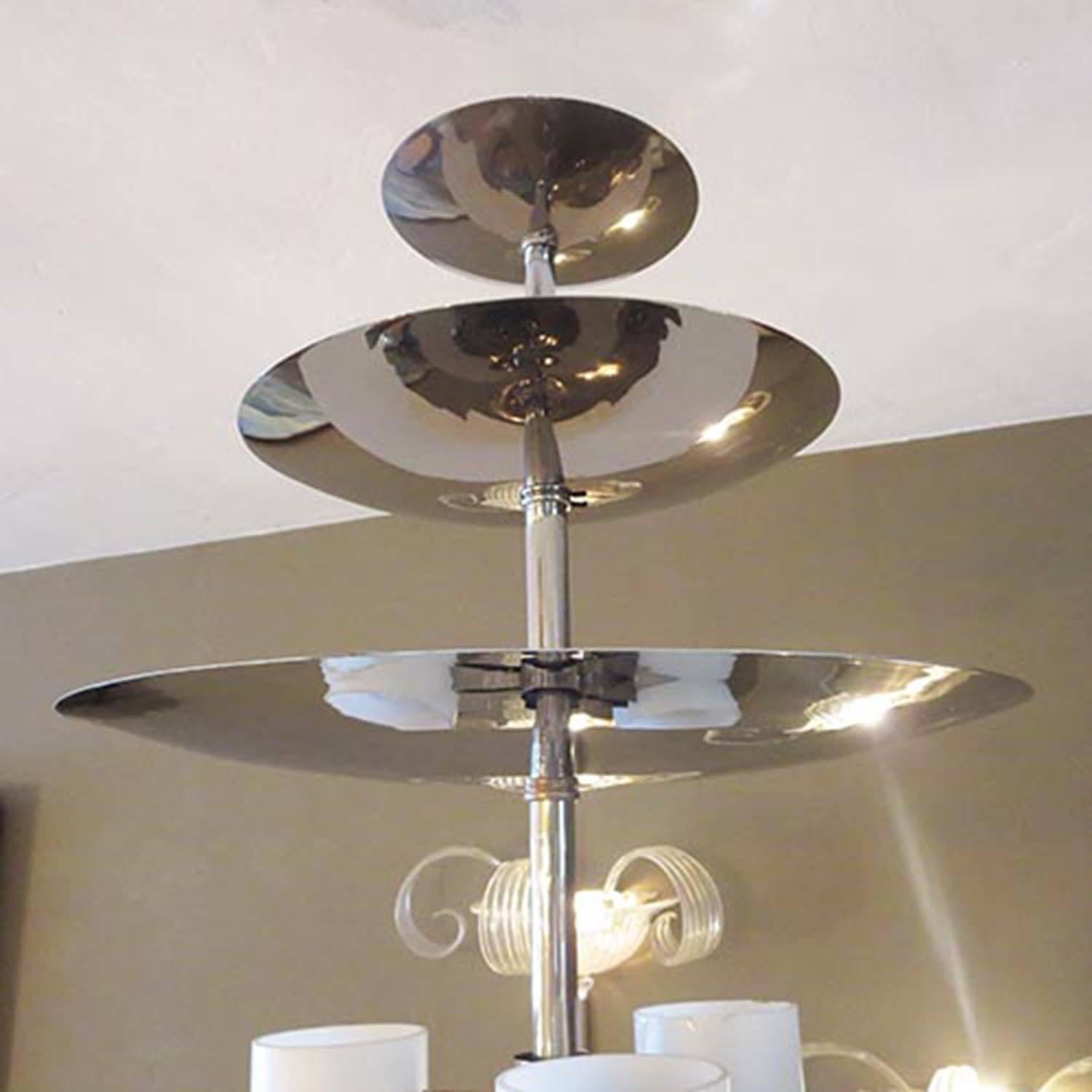 Metal Art Deco Chandelier in Polished Nickel and Glass