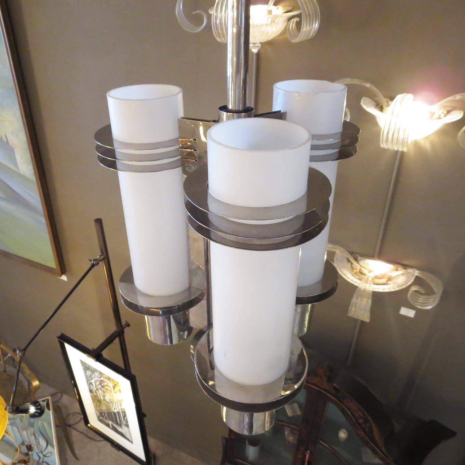 Art Deco Chandelier in Polished Nickel and Glass 1