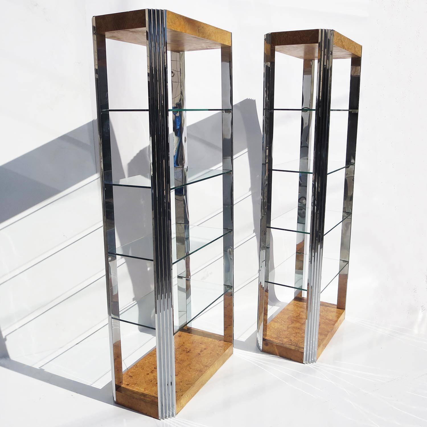 Lacquered Burled Wood and Polished Aluminum Midcentury Etageres - Two Available