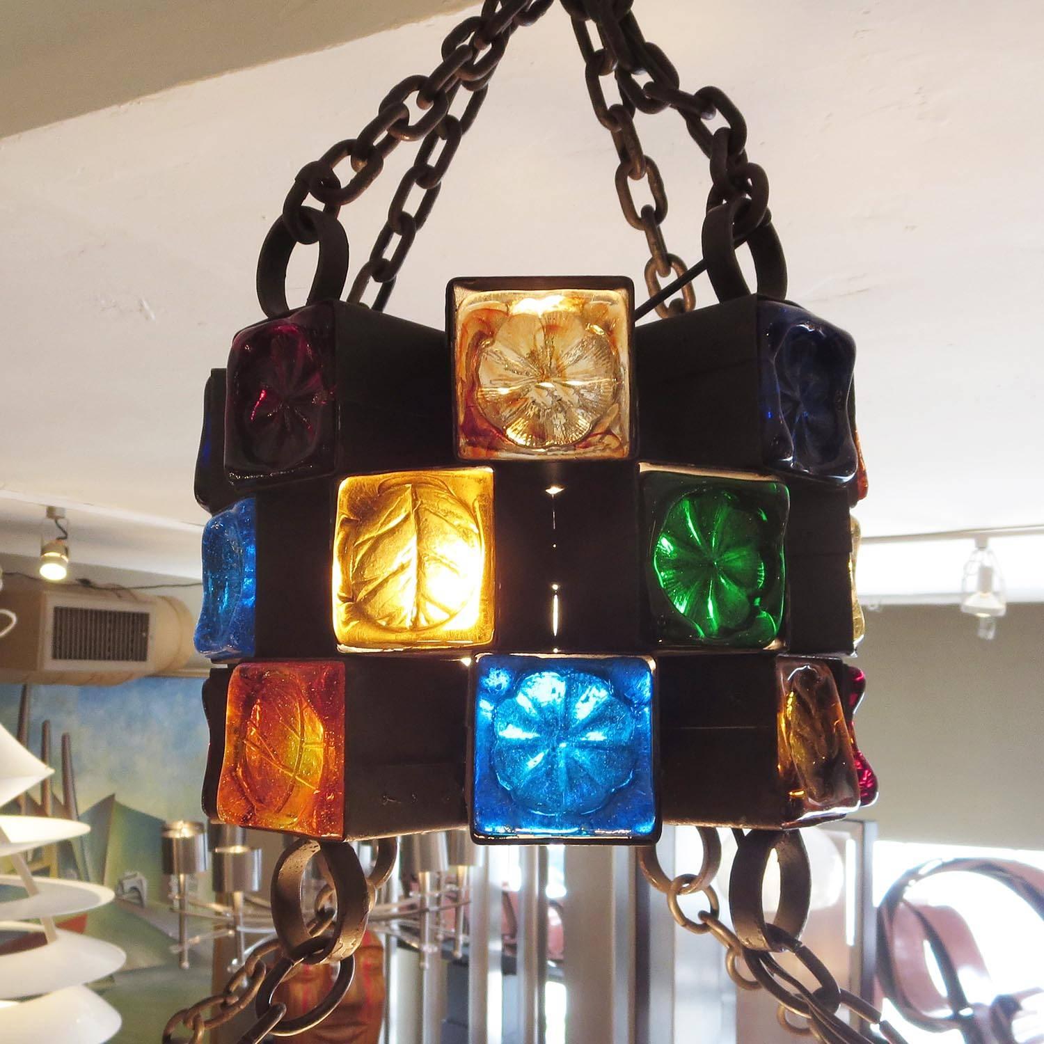 Mexican Multi-Colored Glass Brutalist Chandelier by Feder