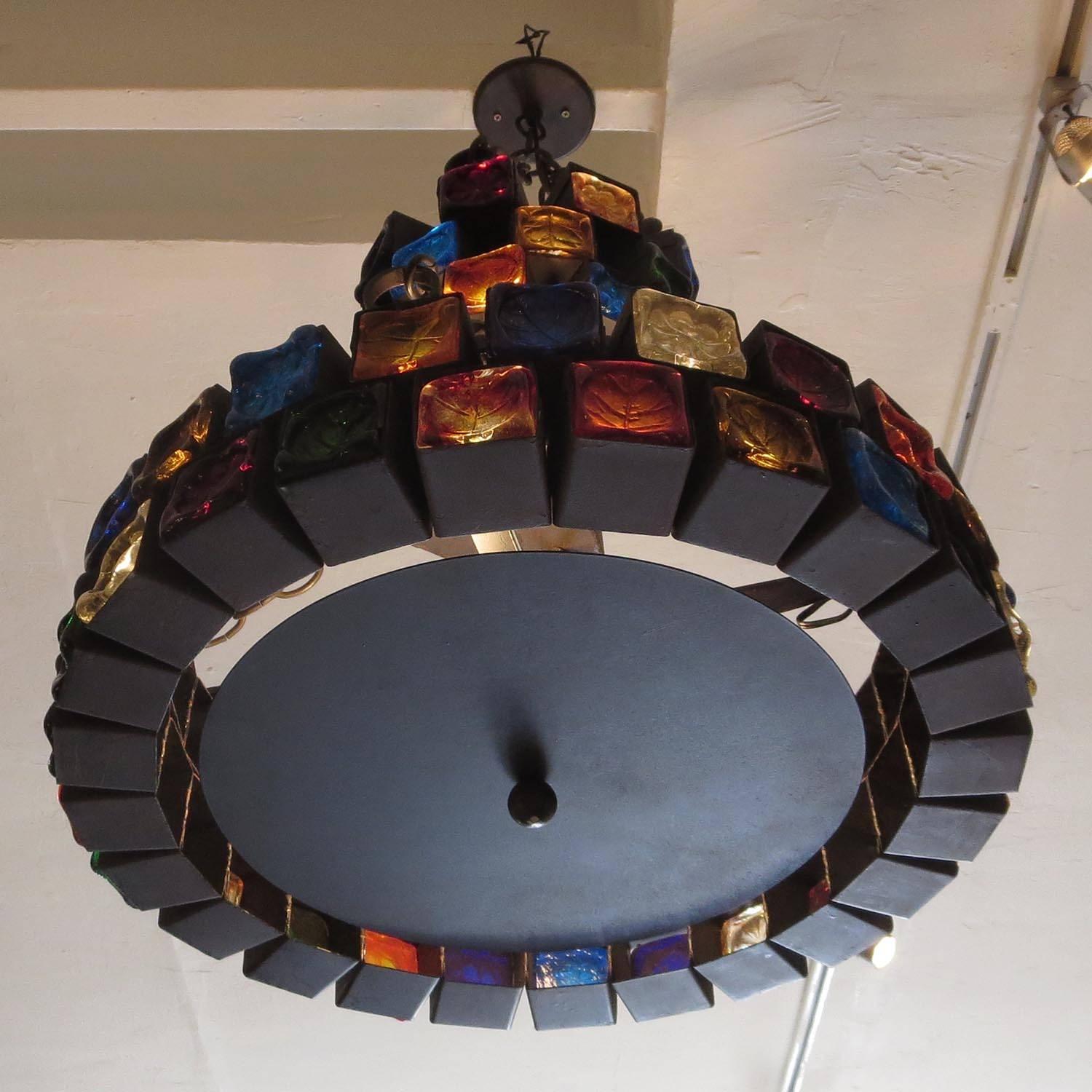 Mid-20th Century Multi-Colored Glass Brutalist Chandelier by Feder