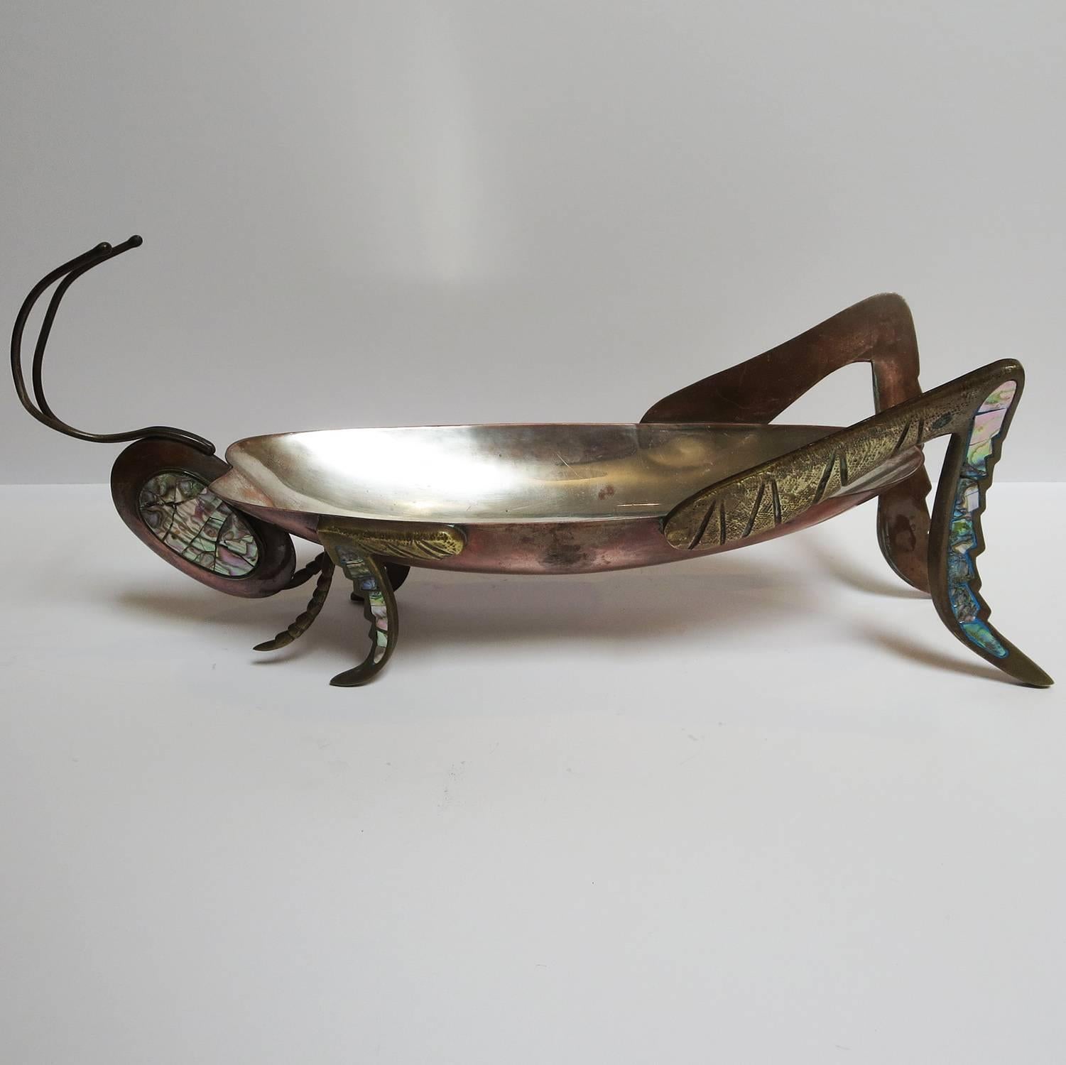 1950s Mexican Grasshopper Bowl in Abalone and Mixed Metals 2