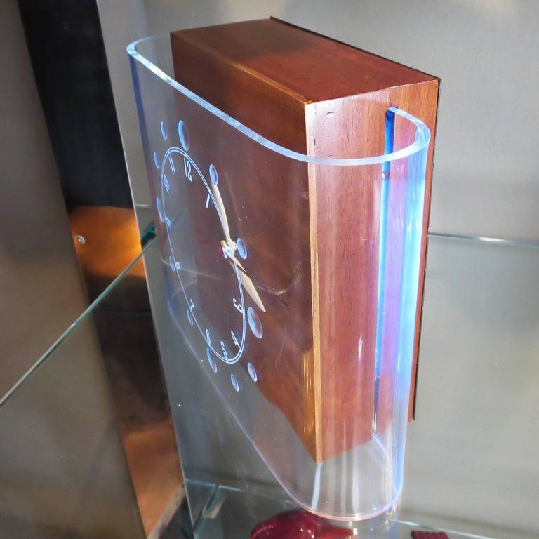 Lackner "Curvaline" Neon Desk Clock in Lucite and Mahogany at 1stDibs