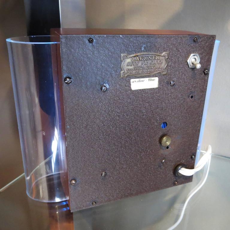 Lackner "Curvaline" Neon Desk Clock in Lucite and Mahogany at 1stDibs