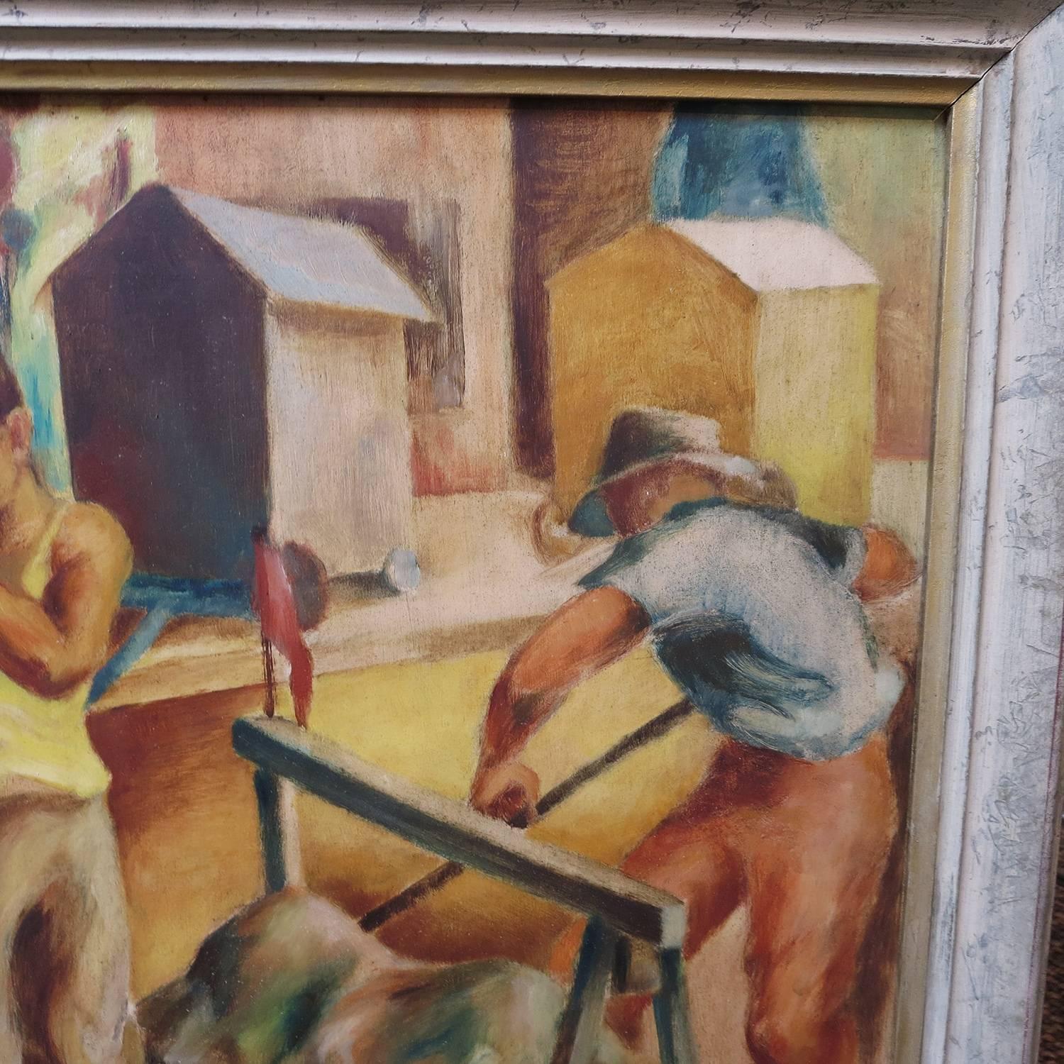 Art Deco WPA Style 1930s Oil Painting of Road Workers by Mitchell