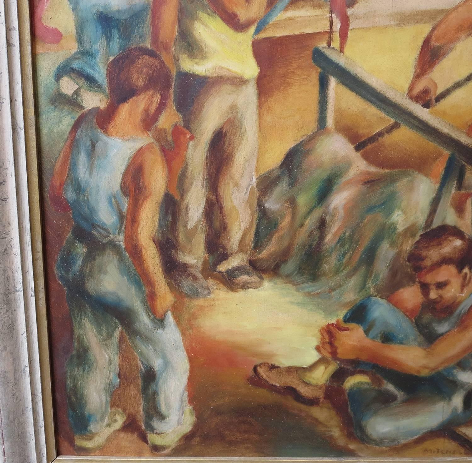 American WPA Style 1930s Oil Painting of Road Workers by Mitchell