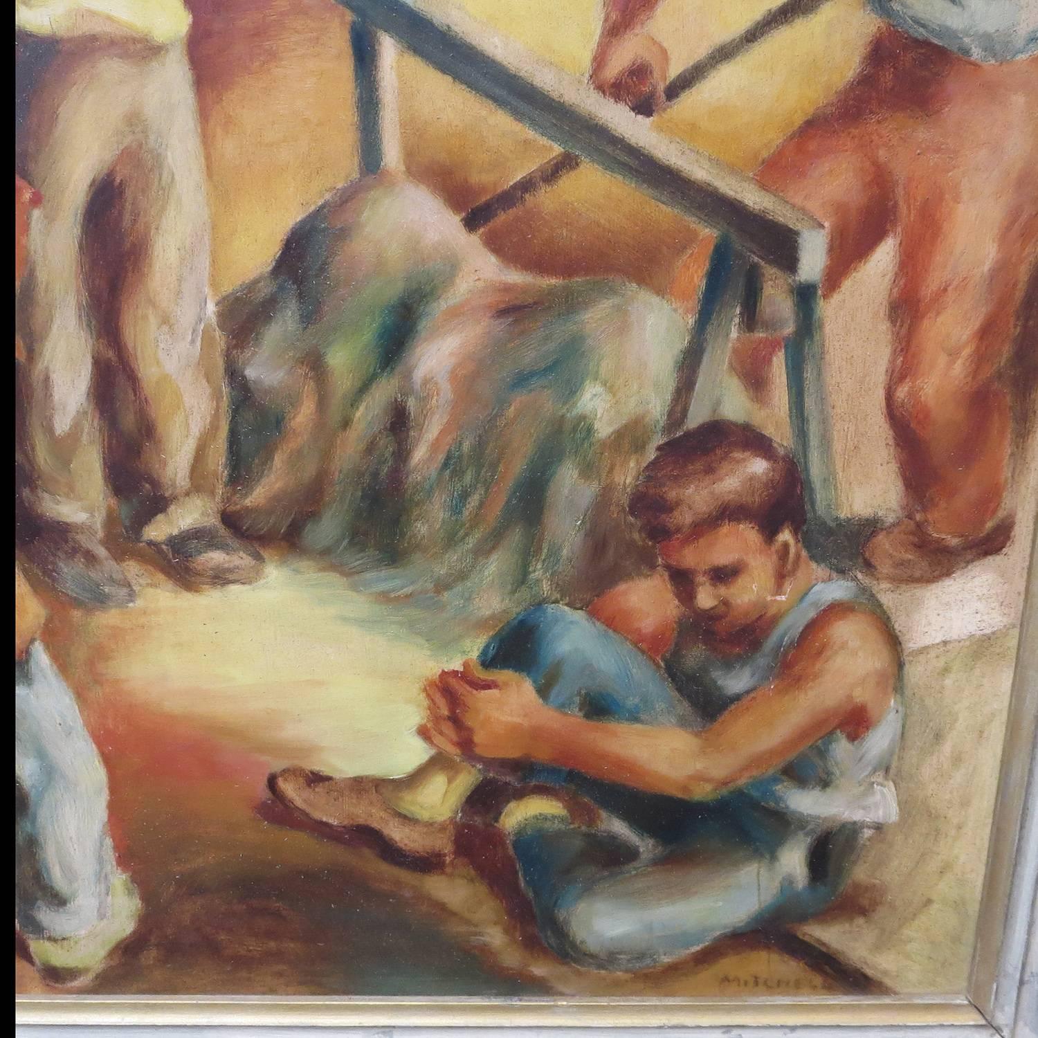 WPA Style 1930s Oil Painting of Road Workers by Mitchell In Good Condition In North Hollywood, CA
