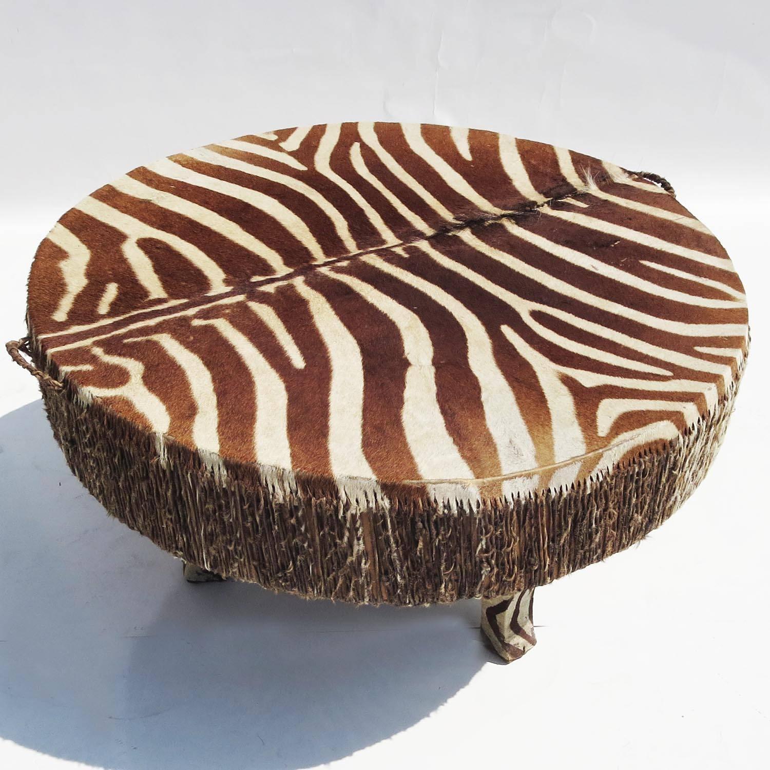 A fantastic zebra drum with legs and handles, suitable for a coffee table or side table. The zebra hide is cut into ribbons, which are twisted and stretched over the sides. This creates the taut surface for the top drum head. Legs are also wrapped