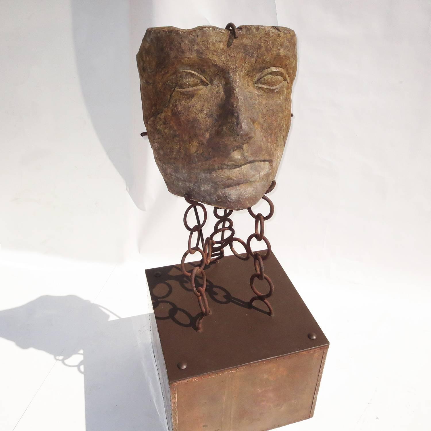 Brutalist Monumental Facial Profile Sculpture on Elaborate Steel and Copper Base
