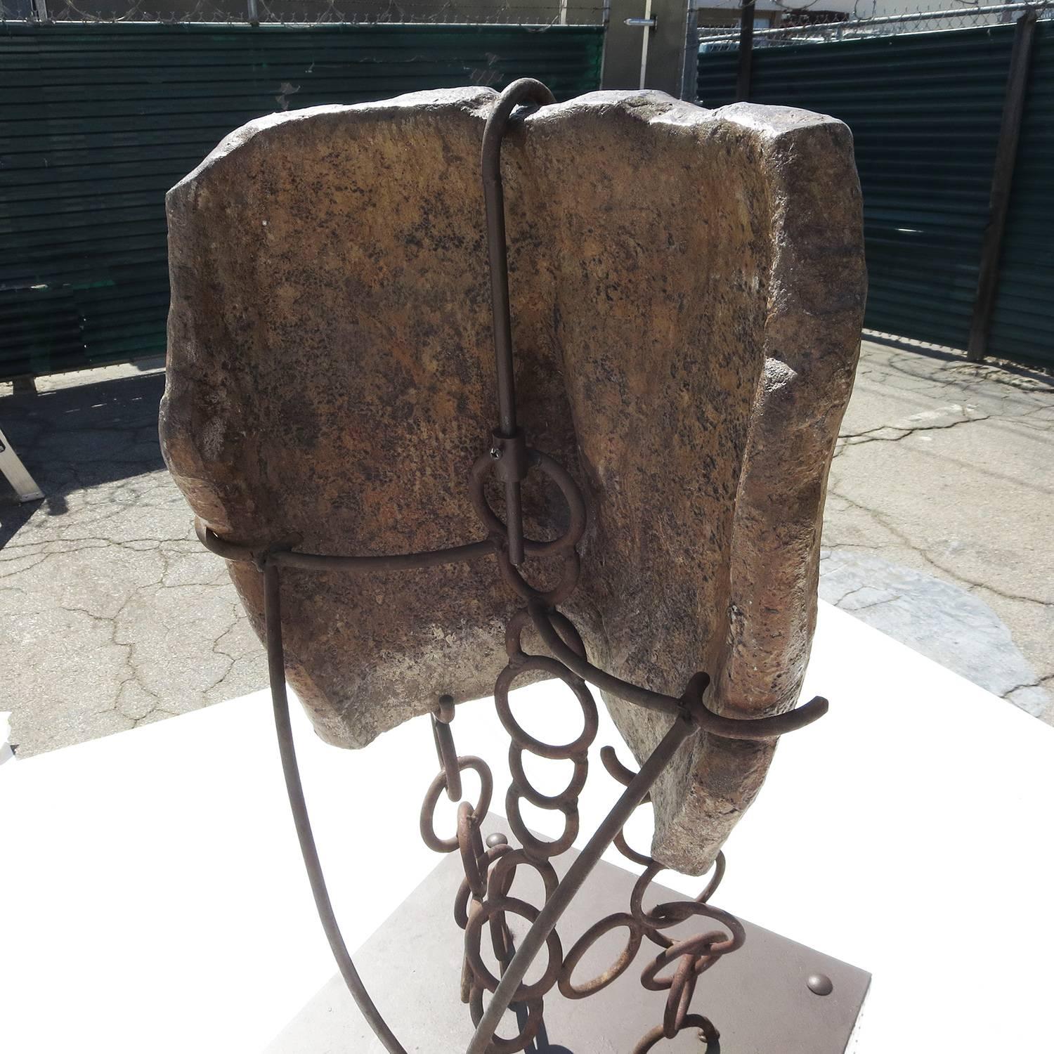 Fired Monumental Facial Profile Sculpture on Elaborate Steel and Copper Base