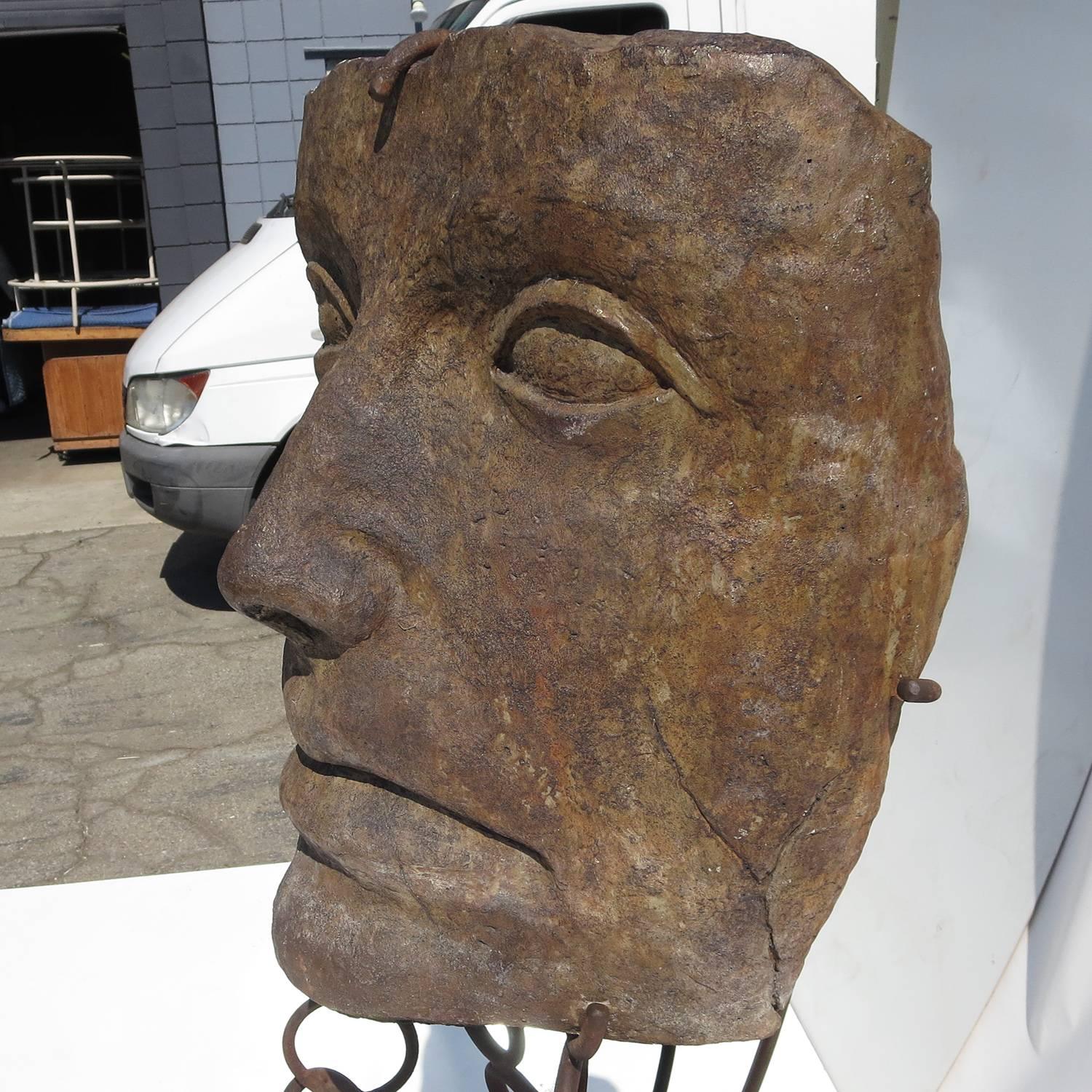 Monumental Facial Profile Sculpture on Elaborate Steel and Copper Base In Good Condition In North Hollywood, CA