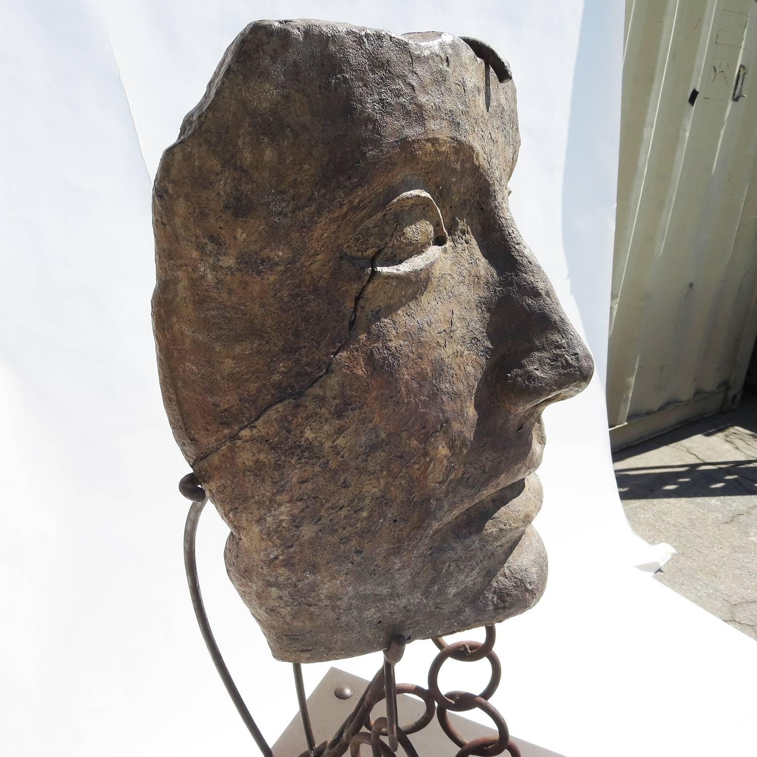 Mid-20th Century Monumental Facial Profile Sculpture on Elaborate Steel and Copper Base