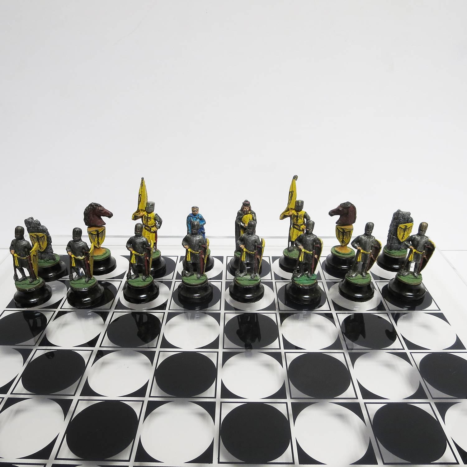Mid-Century Modern Chess Set with Painted Lead Medieval Figures on Lucite Board For Sale