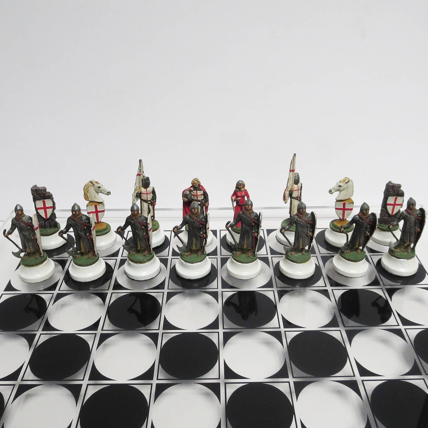 Unknown Chess Set with Painted Lead Medieval Figures on Lucite Board For Sale