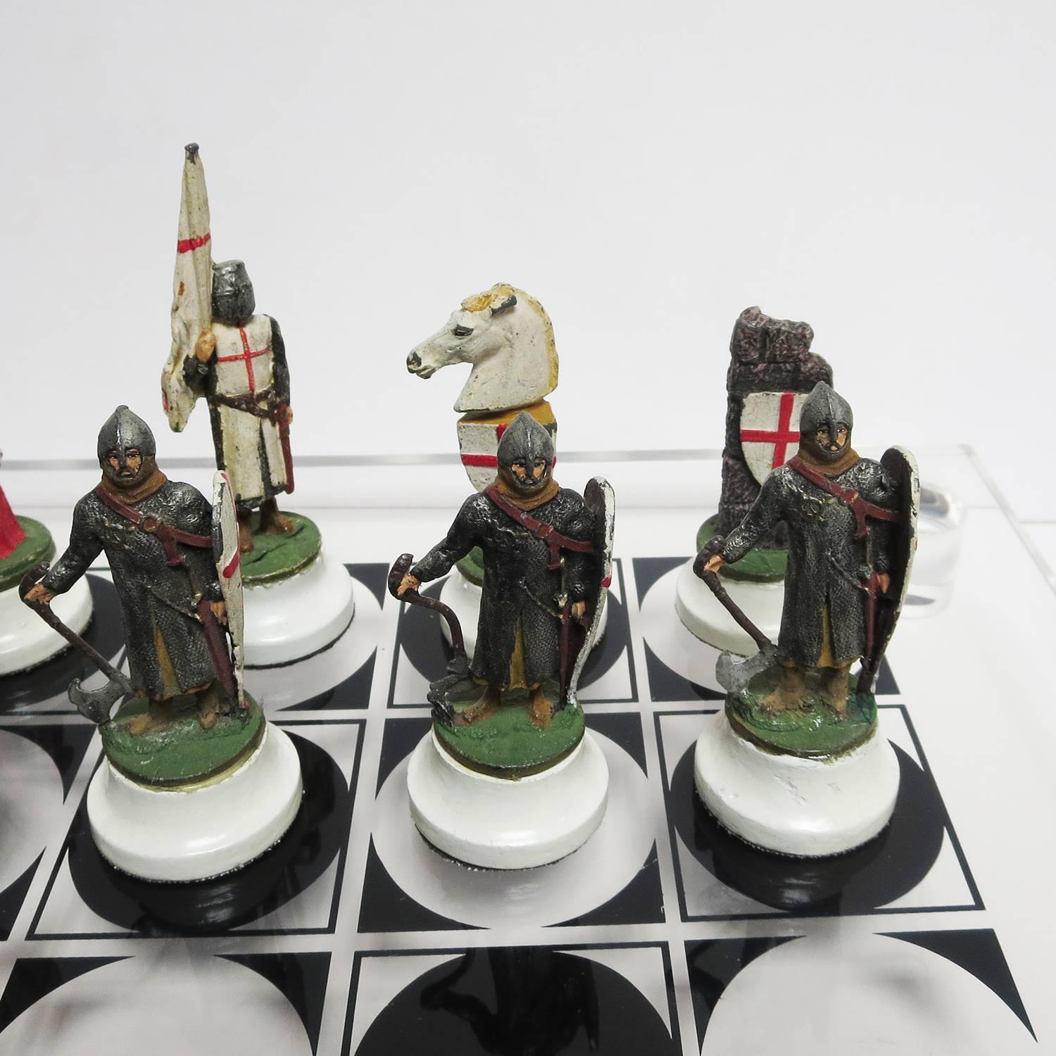 Chess Set with Painted Lead Medieval Figures on Lucite Board In Good Condition For Sale In North Hollywood, CA