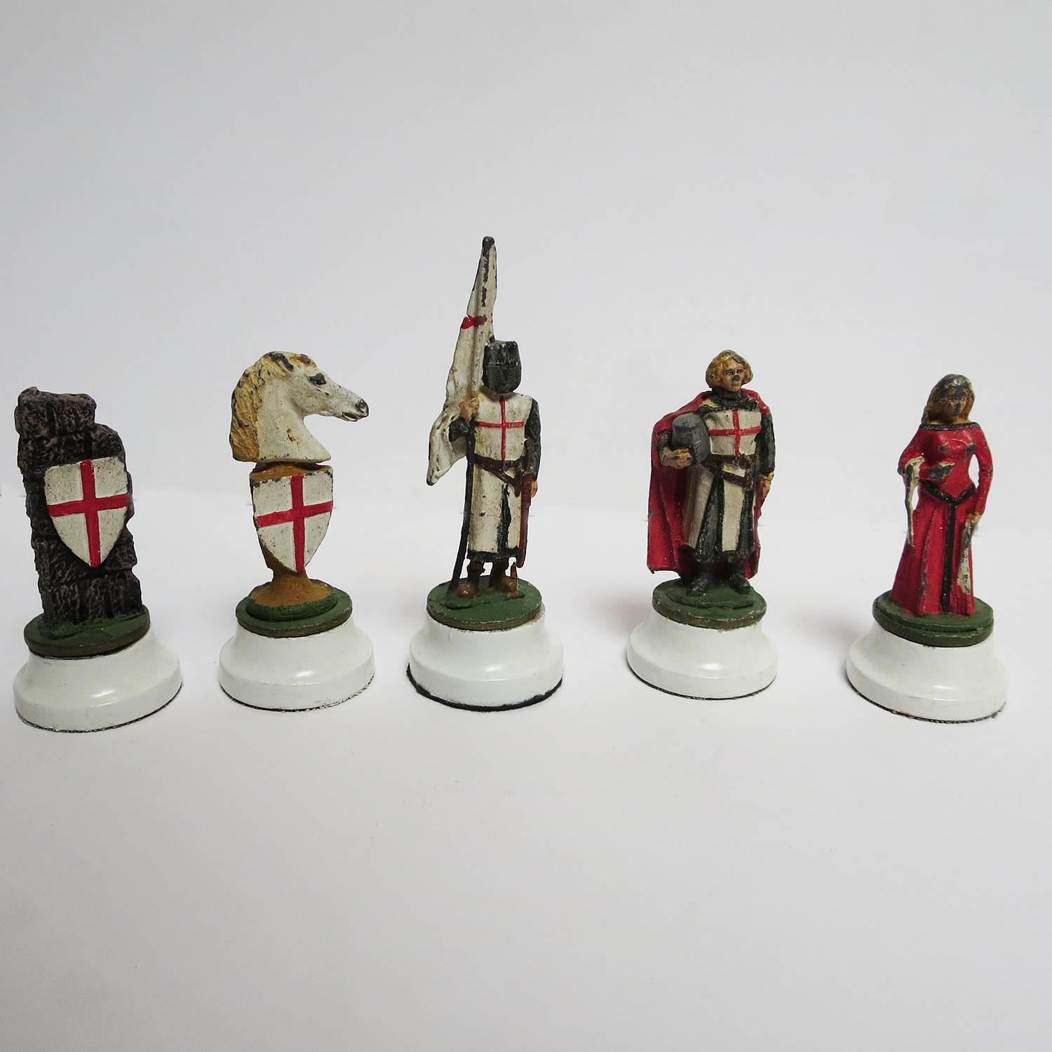 Mid-20th Century Chess Set with Painted Lead Medieval Figures on Lucite Board For Sale