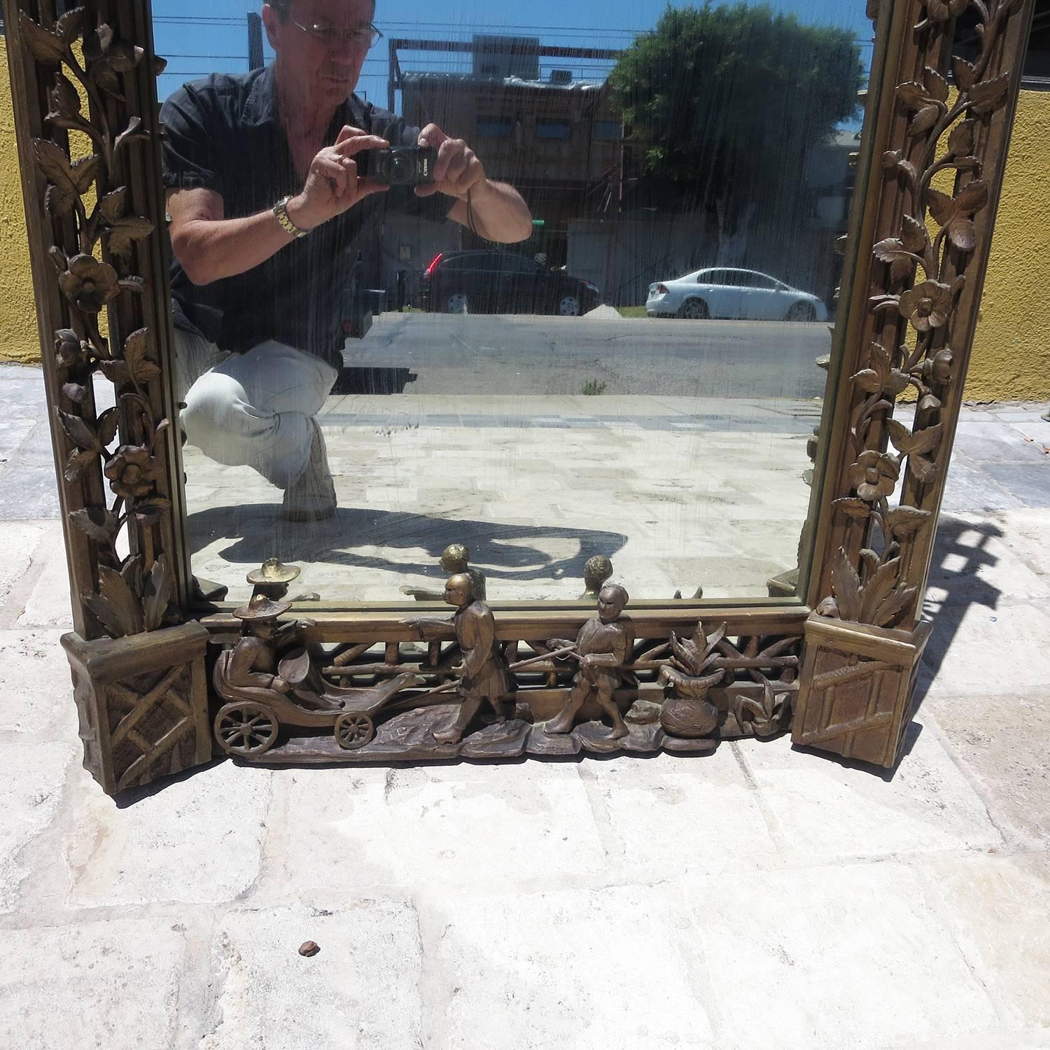Chinese Chippendale Finely Carved Chinoiserie Pagoda Wall Mirror with Dragons
