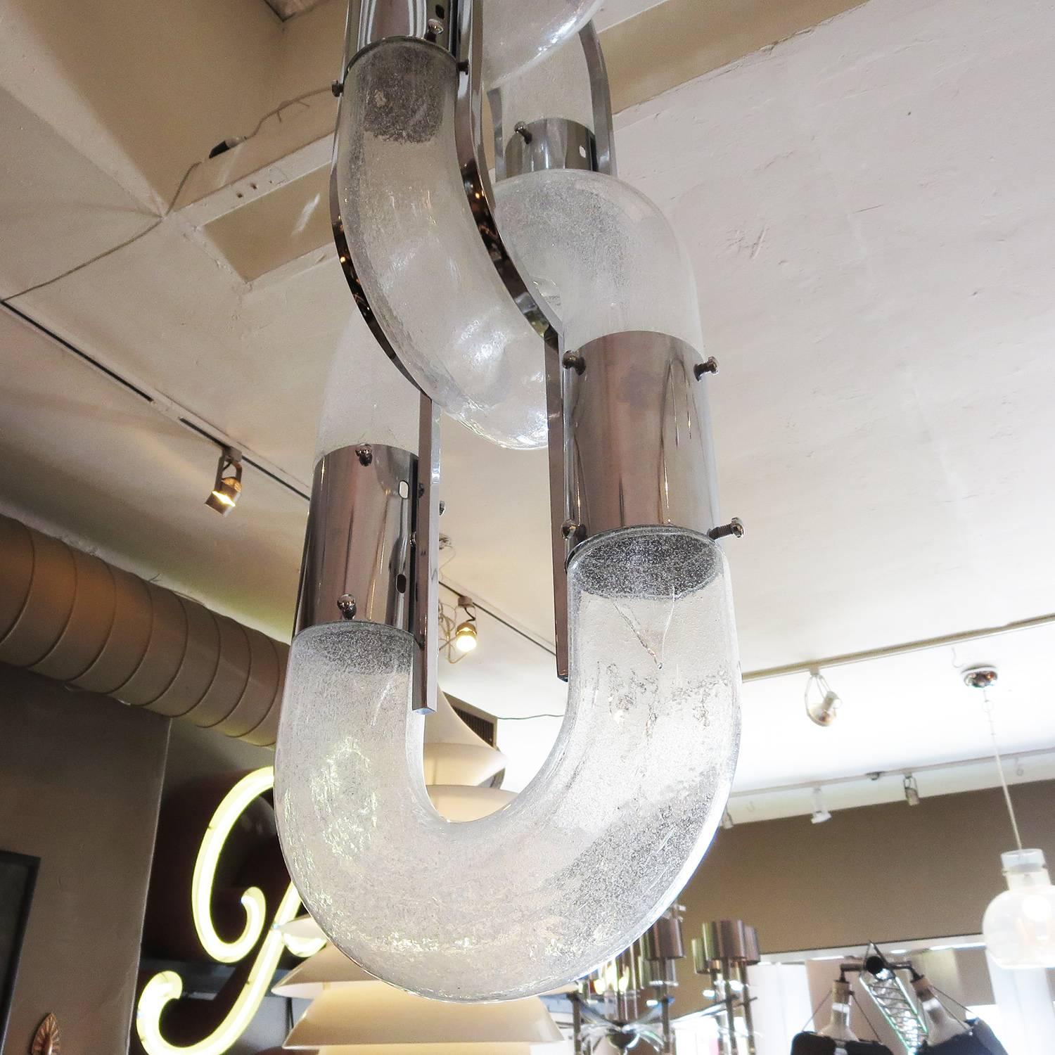 Italian Carlo Nason Chain Hanging Lamp for Mazzega in Chrome and Glass