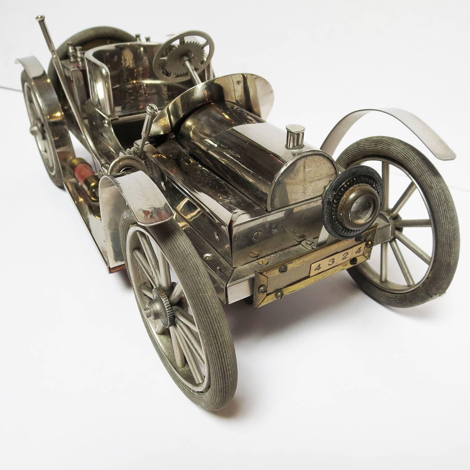 Detailed Automobile Handmade Folk Art, 1910, Car Model in Nickel Silver In Good Condition In North Hollywood, CA