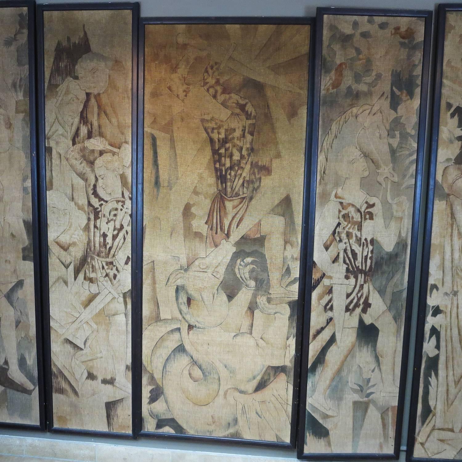 These fantastic stylized panels once adorned the walls of a 1930s British theatre. The artist used a modern, cubist approach to depicting the King Arthur legends in the five panelled works. The hand painted fabric panels are set into finished wooden