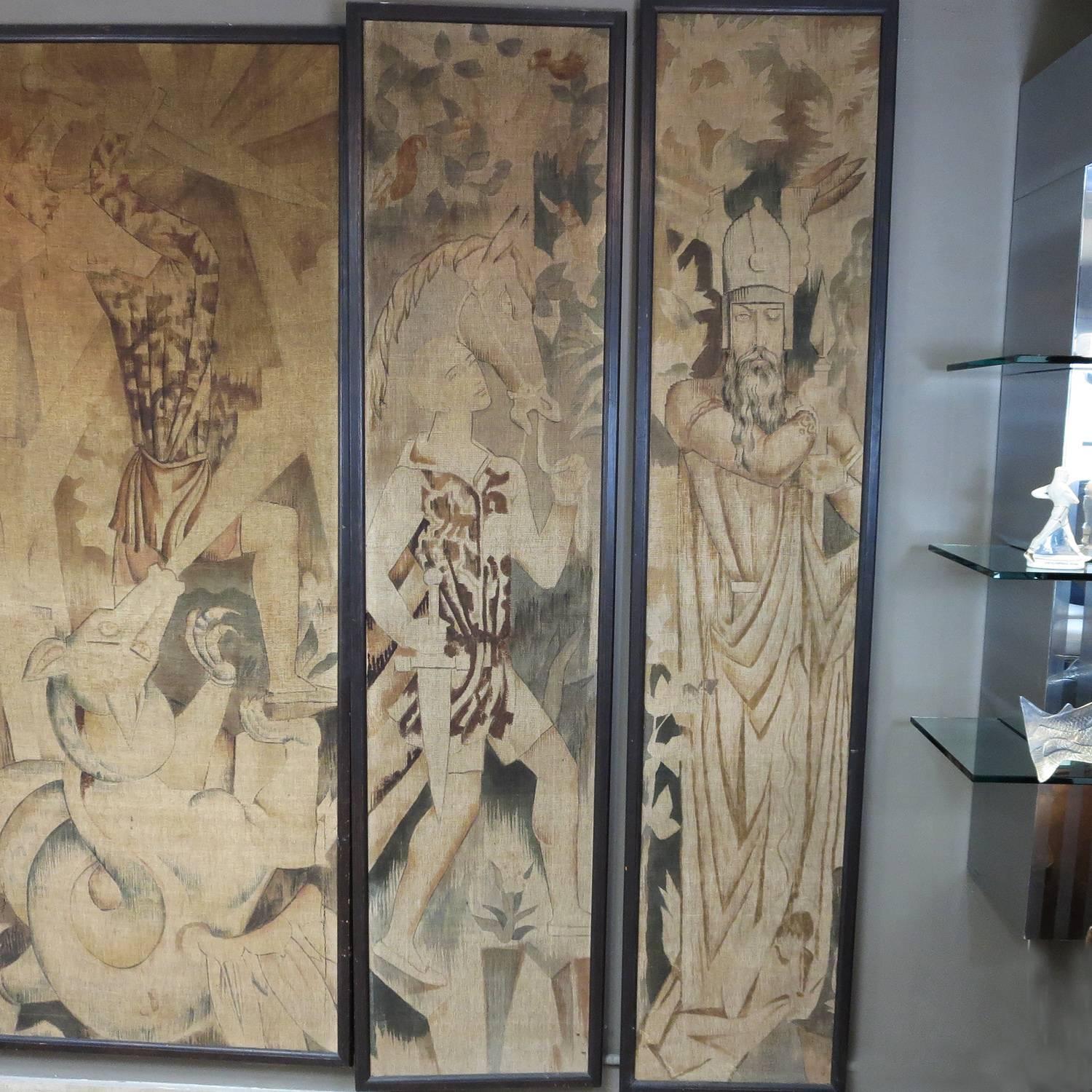 English Art Deco Theatre Painted Tapestry Panels, Set of Five