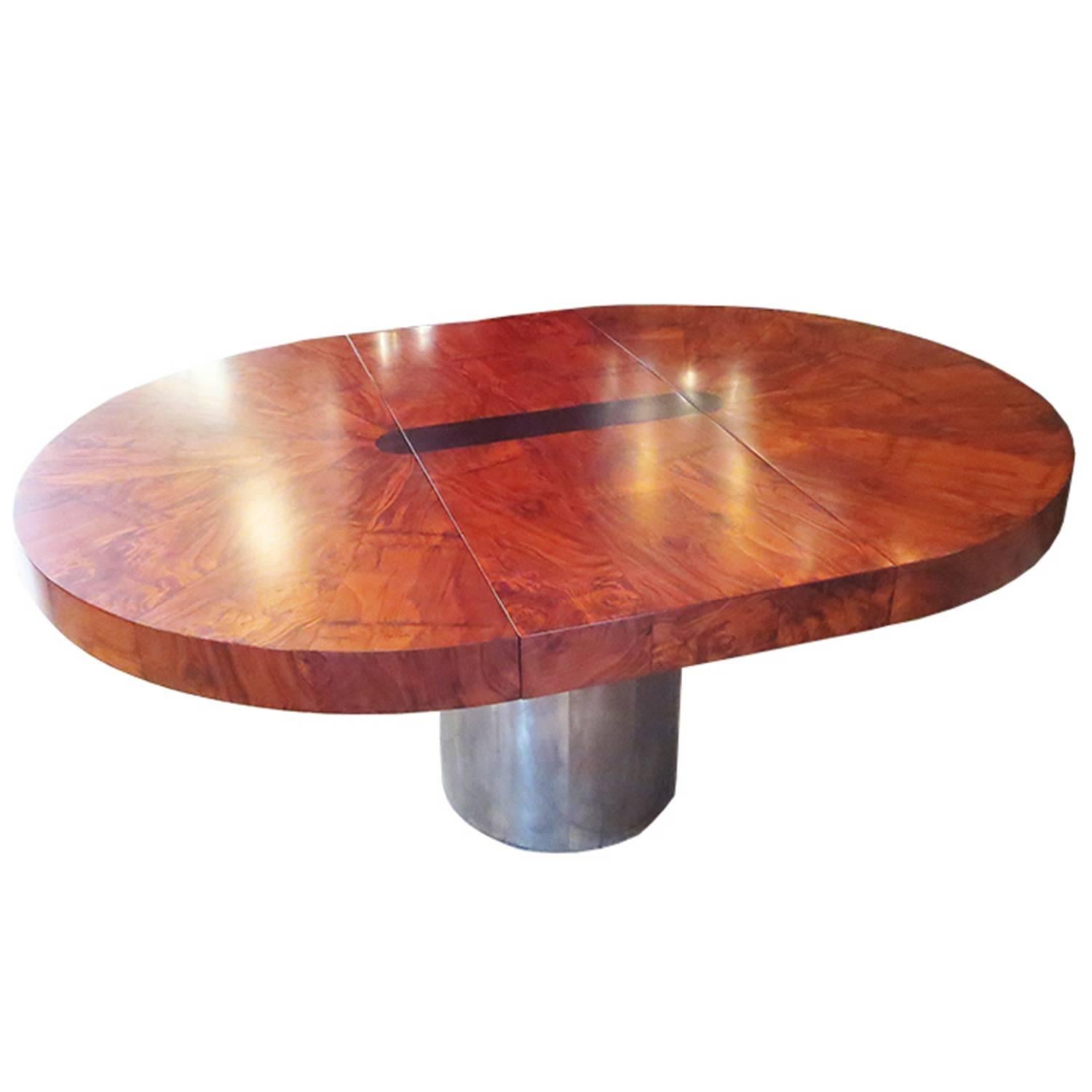 Lacquered Paul Evans Dining Table, Cityscape Burled Wood and Stainless Steel