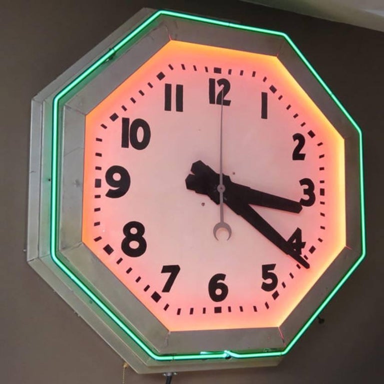 Large Octagon Deco Neon Clock, 1930s at 1stDibs