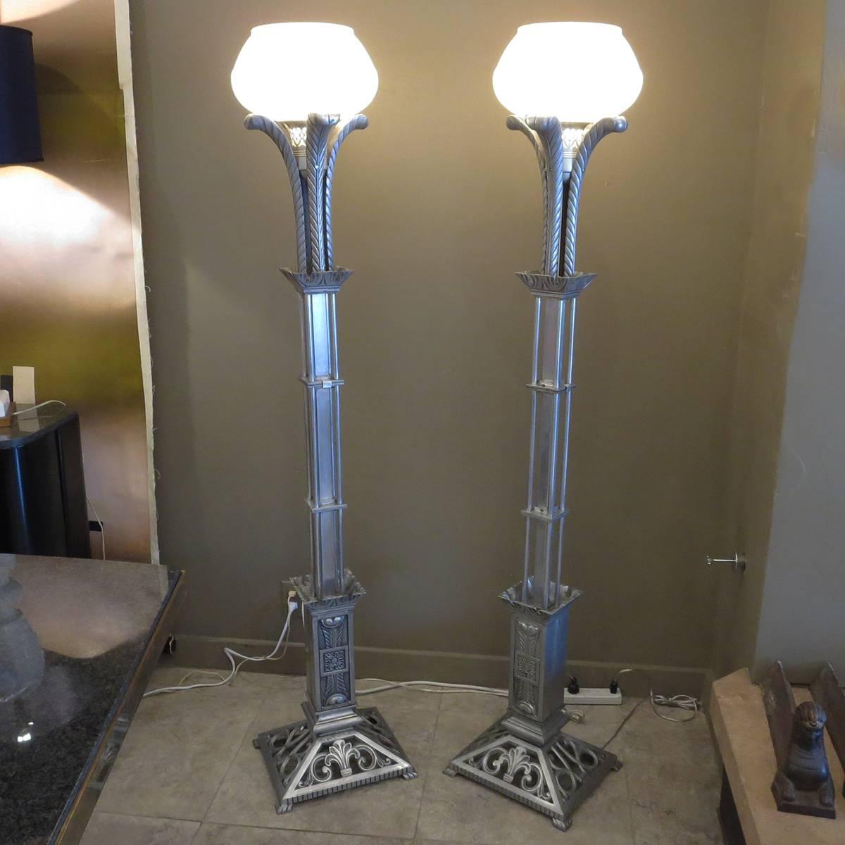 American Art Deco Torchere Floor Lamps in Cast Aluminum