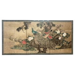 Large Japanese Six-Panel Folding Screen with Peacock, Peonies and Pine