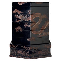 Large Japanese Hexagonal Lacquer Stacking Box with Dragons
