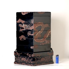 Large Japanese Hexagonal Lacquer Stacking Box with Dragons