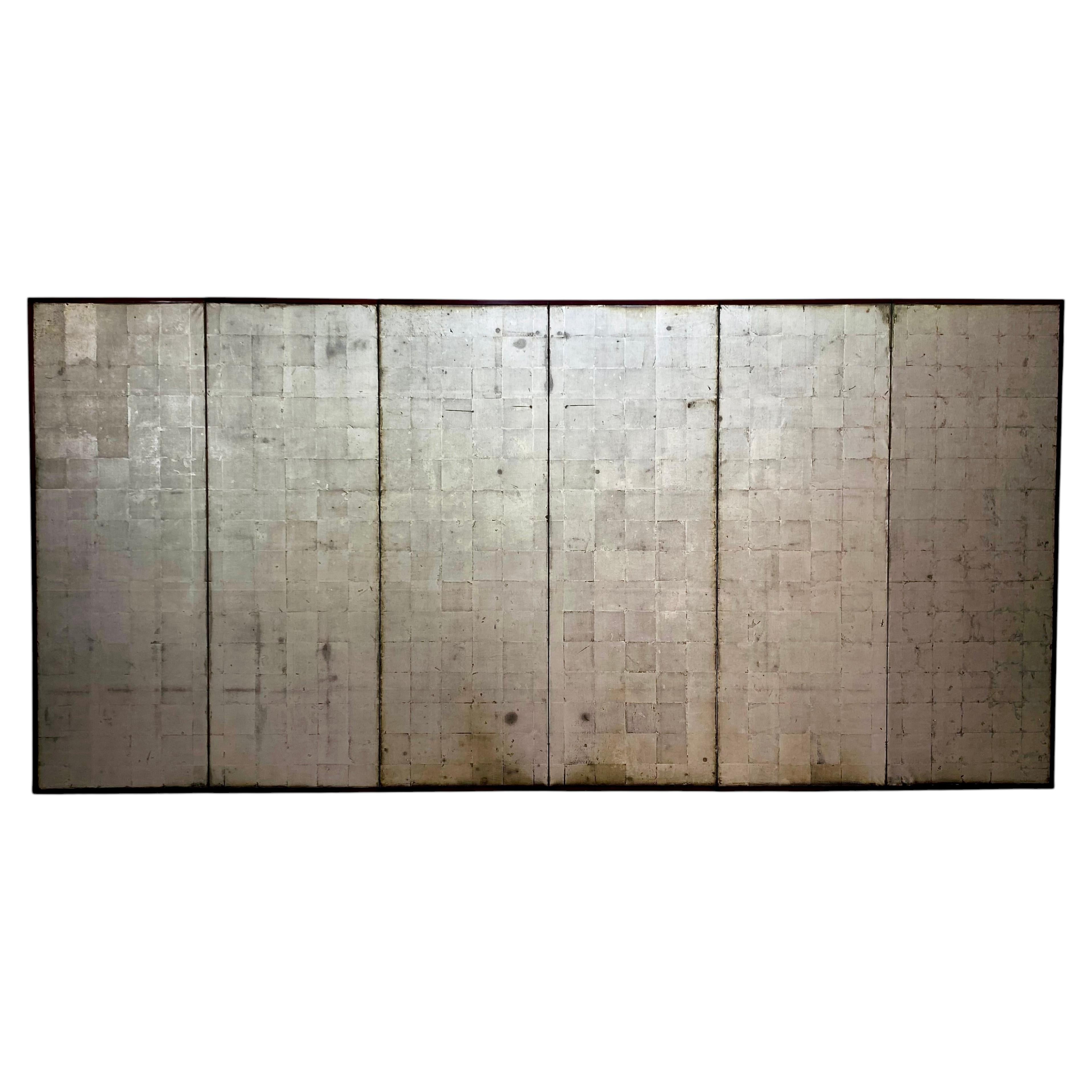 Japanese Six-Panel Folding Screen with Aged Silver Leaf, Meiji Period