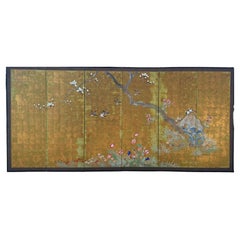 Japanese Six-Panel Gold-Ground Screen with Magnolia and Birds, 19th Century