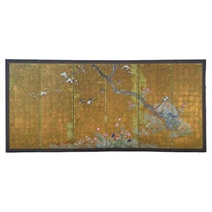 Japanese Six-Panel Gold-Ground Screen with Magnolia and Birds, 19th Century