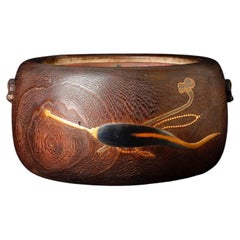 Japanese 19th-C Kiri Wood Hibachi with Maki-e Buddhist Motifs & Carved Toad Hand