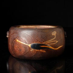 Japanese 19th-C Kiri Wood Hibachi with Maki-e Buddhist Motifs & Carved Toad Hand