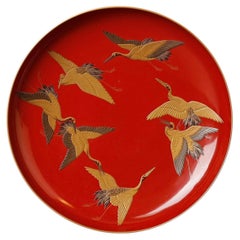 Japanese Red Lacquer Maki-e Decorative Plate with Cranes, Signed, 19th century