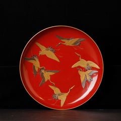 Japanese Red Lacquer Maki-e Decorative Plate with Cranes, Signed, 19th century