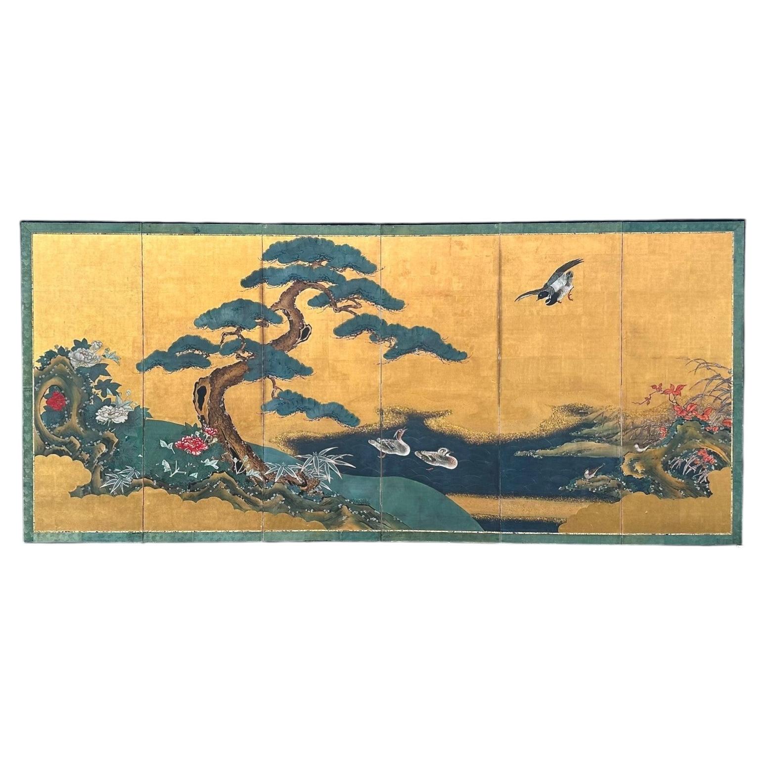 Large Japanese Six-Panel Gold Leaf Screen with Pine, Peonies and Waterfowl, 19th