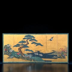 Large Japanese Six-Panel Gold Leaf Screen with Pine, Peonies and Waterfowl, 19th