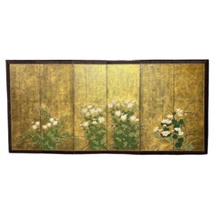 Large Japanese Six-Panel Gold Leaf Screen with White Chrysanthemums, 20th C