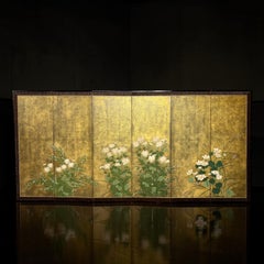 Large Japanese Six-Panel Gold Leaf Screen with White Chrysanthemums, 20th C