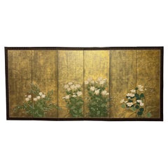 Large Japanese Six-Panel Gold Leaf Screen with White Chrysanthemums, 20th C