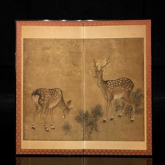 Japanese Two-Panel Gold Ground Screen with Deer and Pine, Late Edo Period